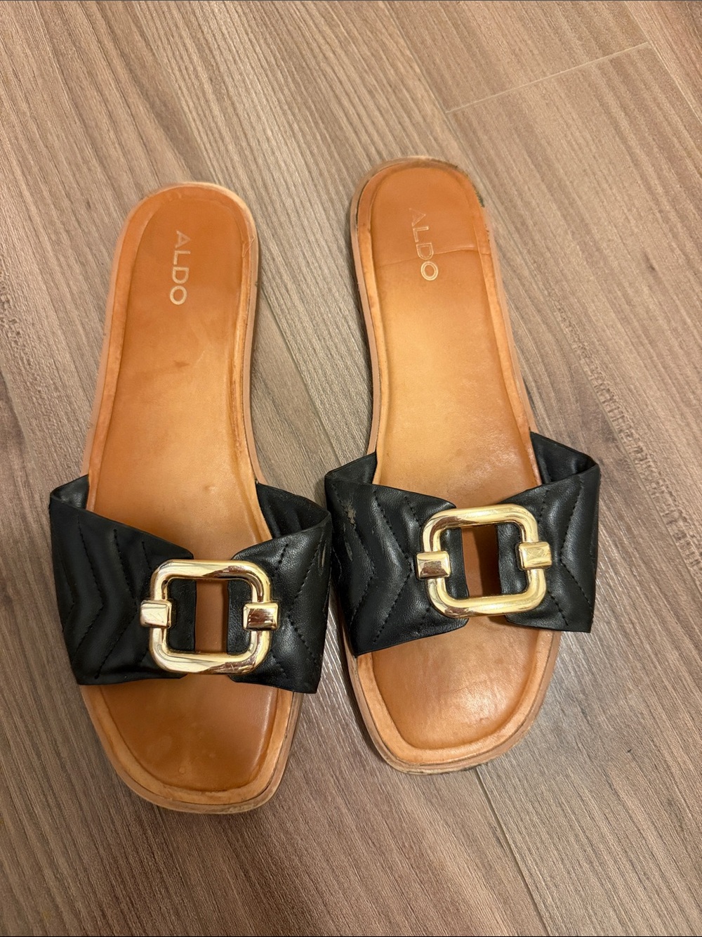 Aldo Black Quilted Slide Sandals with Gold Buckle Accent